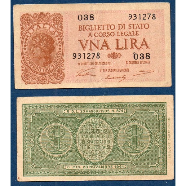 Italie Pick N°29a, TB Billet de banque de 1 Lire 1944