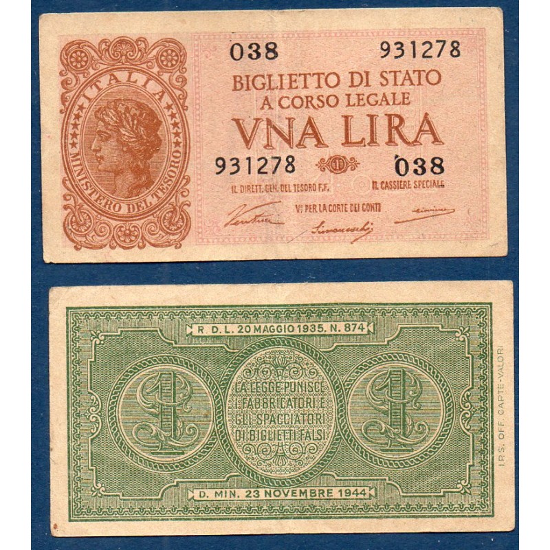 Italie Pick N°29a, TB Billet de banque de 1 Lire 1944
