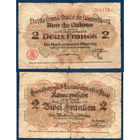 Luxembourg Pick N°22, B Billet de banque de 2 Francs 1914
