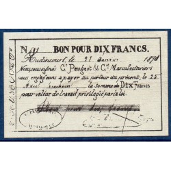 Bon Peugeot ville d'Audincourt, billet de 10 francs, TTB, 1890