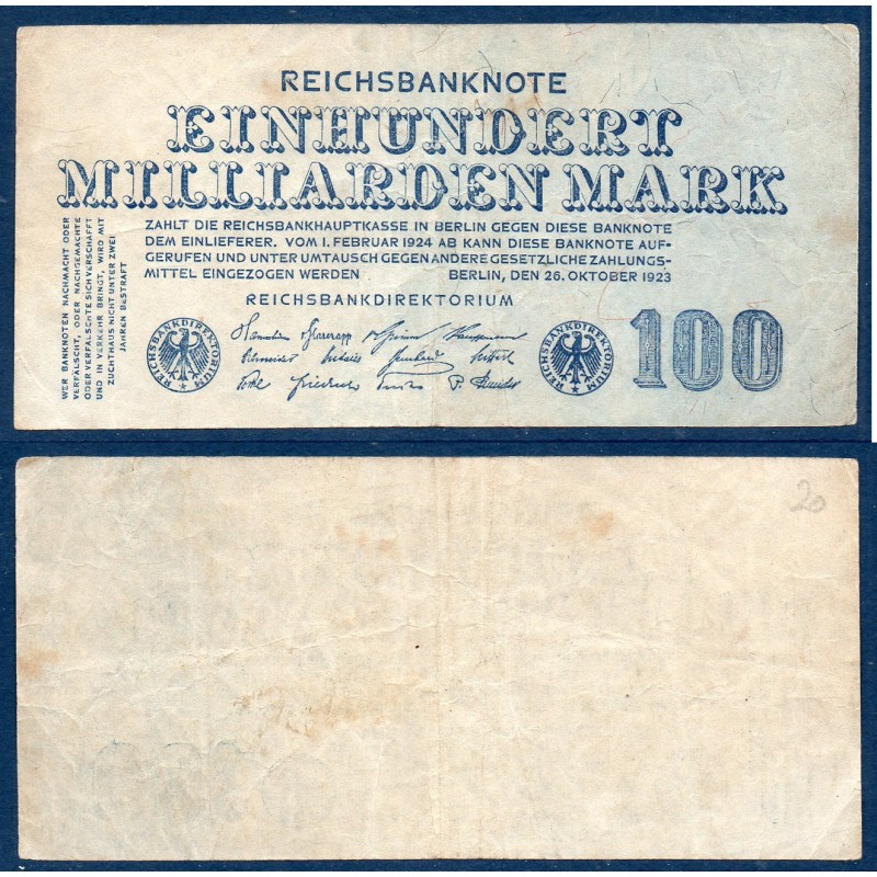 Allemagne Pick N°126, TB Billet de banque de 100 milliard de Mark 1923