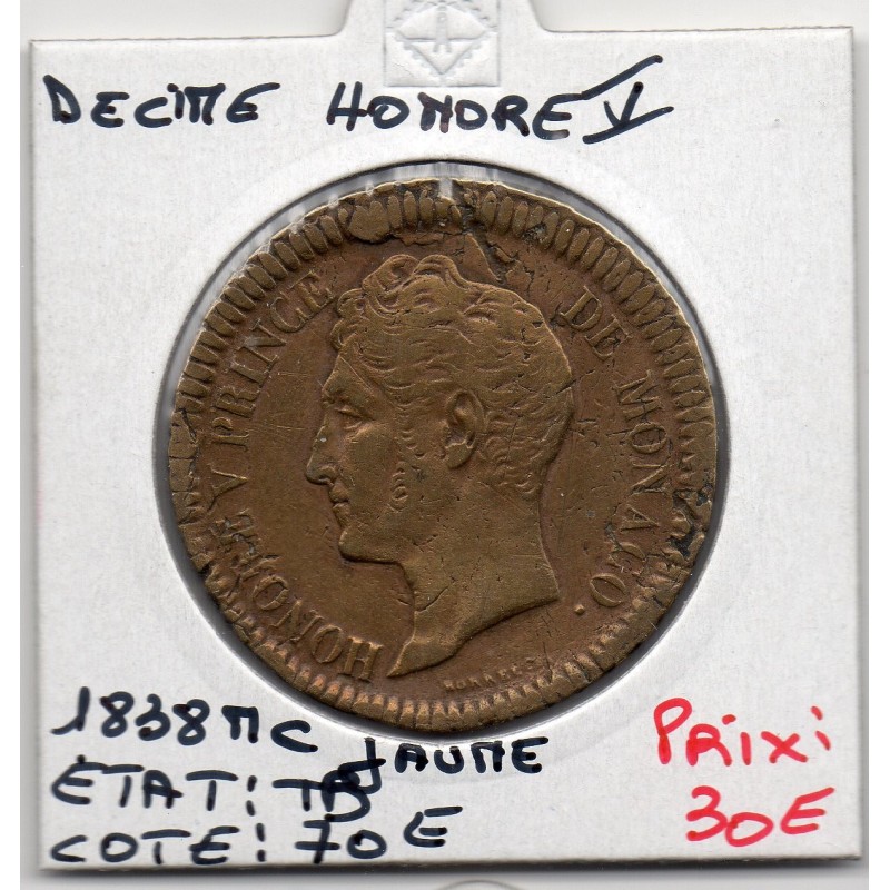 Monaco Honore V 1 Décime jaune 1838 MC TB, Gad 105 pièce de monnaie