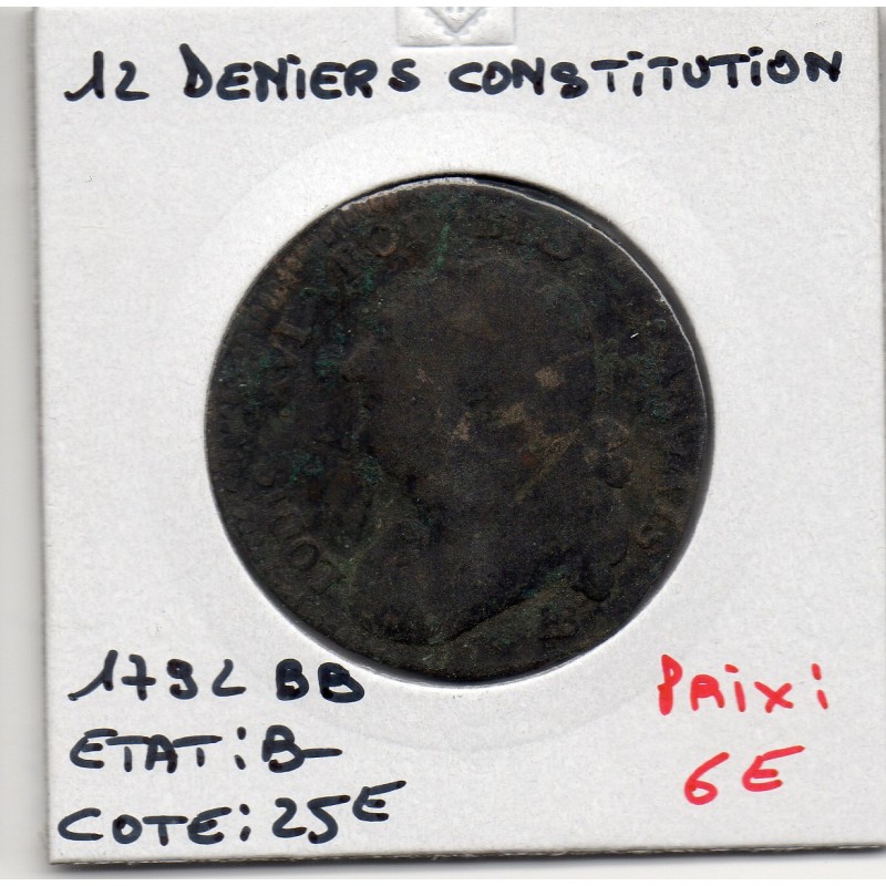 12 deniers français Constitution Louis XVI 1792 BB Strasbourg B-, France pièce de monnaie