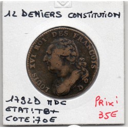 12 denier Constitution Louis XVI 1792 an 4 D Lyon TB+, France pièce de monnaie