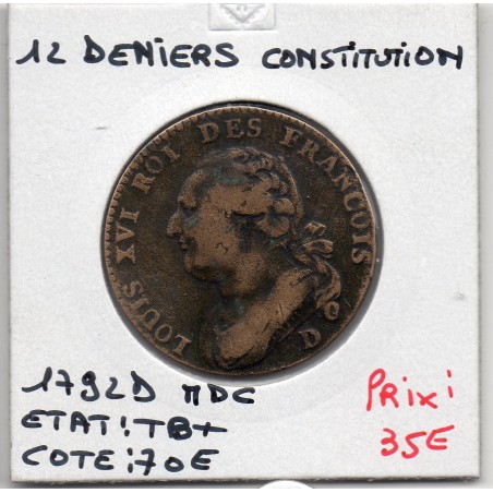 12 denier Constitution Louis XVI 1792 an 4 D Lyon TB+, France pièce de monnaie