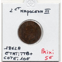 2 centimes Napoléon III tête laurée 1862 A Paris TTB+, France pièce de monnaie