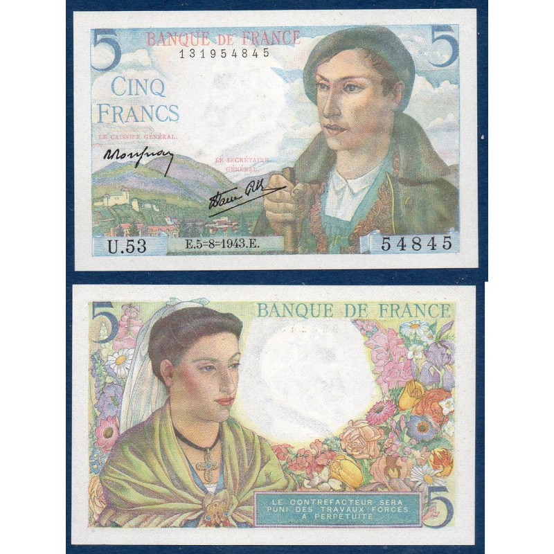 5 Francs Berger neuf 15.8.1943 Billet de la banque de France