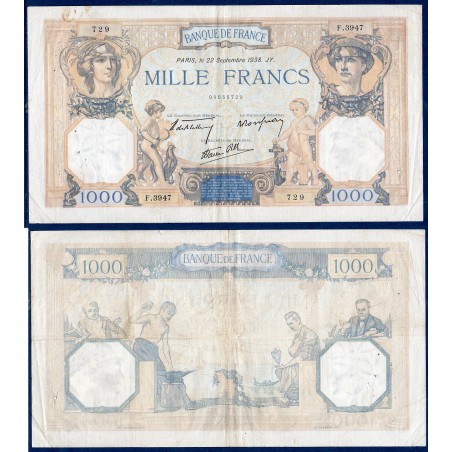 1000 Francs Cérès et Mercure TB+ 22.9.1938 Billet de la banque de France