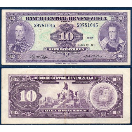 Venezuela Pick N°51d, TTB Billet de banque de 10 Bolivares 1974