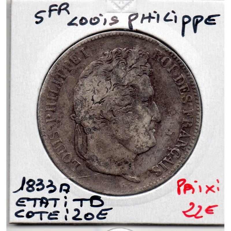 5 francs Louis Philippe 1833 A Paris TB, France pièce de monnaie