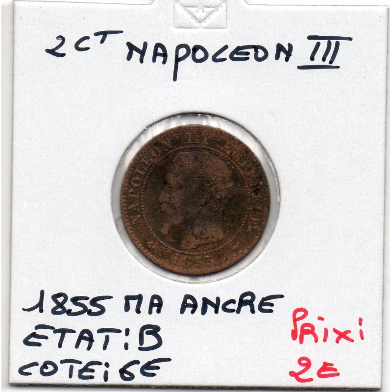 2 centimes Napoléon III tête nue 1855 MA ancre Marseille B, France pièce de monnaie