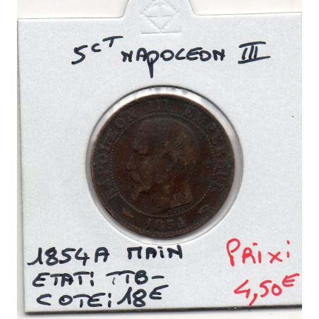 5 centimes Napoléon III tête nue 1854 A main Paris TTB-, France pièce de monnaie