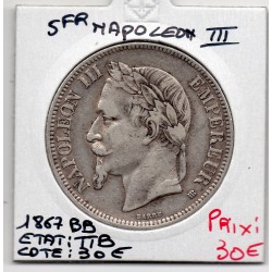 5 francs Napoléon III tête laurée 1867 BB Strasbourg TTB, France pièce de monnaie