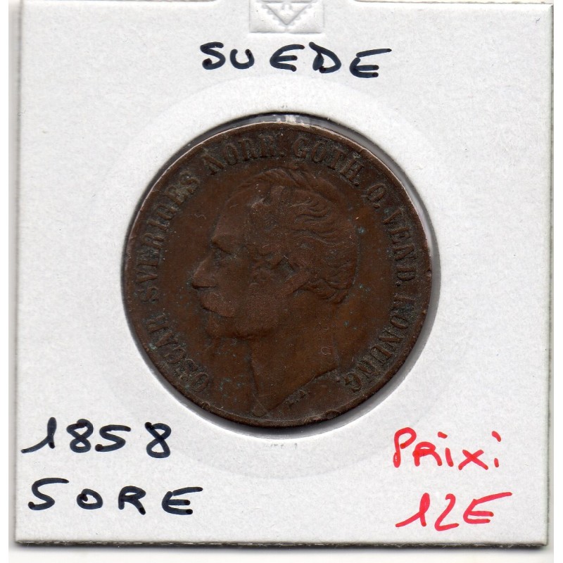 Suède 5 Ore 1858 TTB-, KM 690 pièce de monnaie