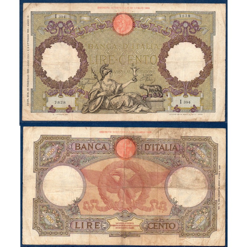 Italie Pick N°55b, TB- Billet de banque de 100 Lire 20.2.1939