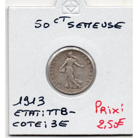 50 centimes Semeuse Argent 1913 TTB-, France pièce de monnaie