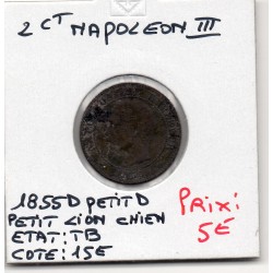 2 centimes Napoléon III tête nue 1855 petit D chien petit Lion TTB-, France pièce de monnaie