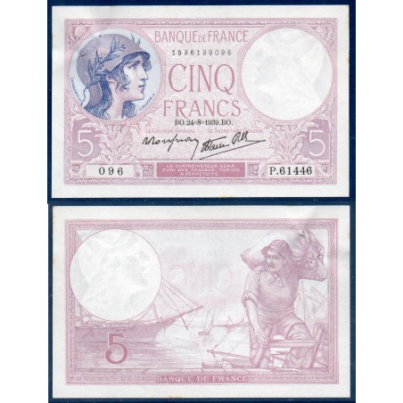 5 Francs Violet Sup 24.8.1939 Billet de la banque de France