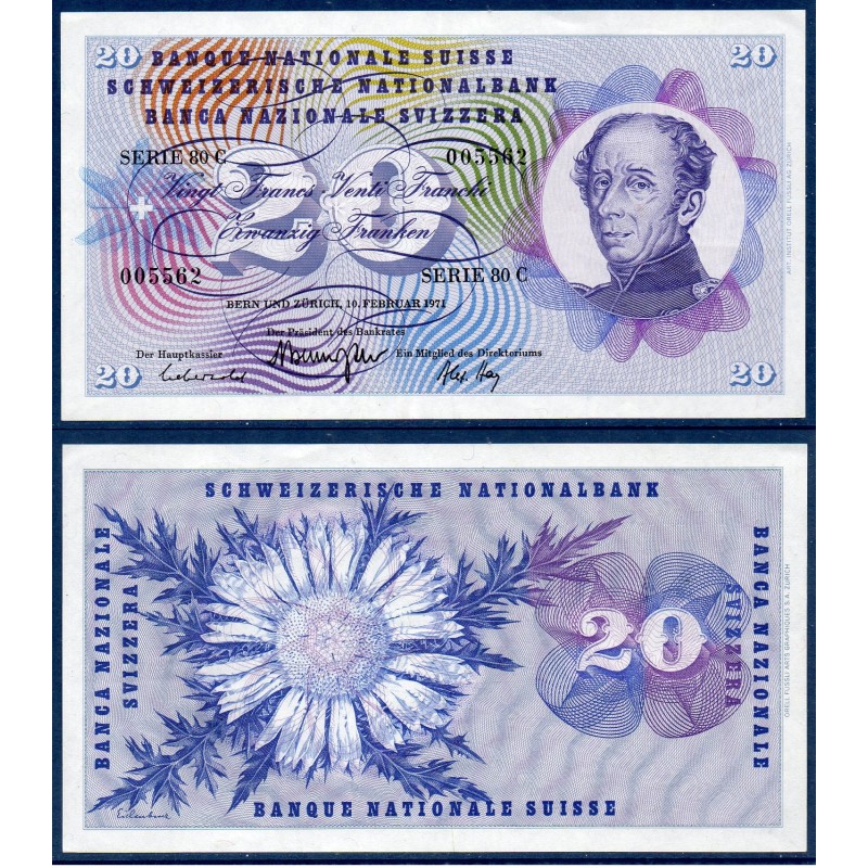 Suisse Pick N°46s, Sup-Billet de banque de 20 Francs 10.2.1971