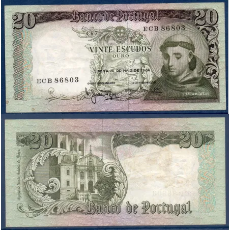 Portugal Pick N°167b, TTB Billet de banque de 20 Escudos 1964