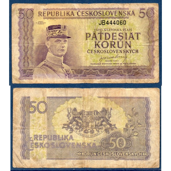 Tchécoslovaquie P.62a, B Billet de 50 Korun 1945 Milan Rastislav Stefanik