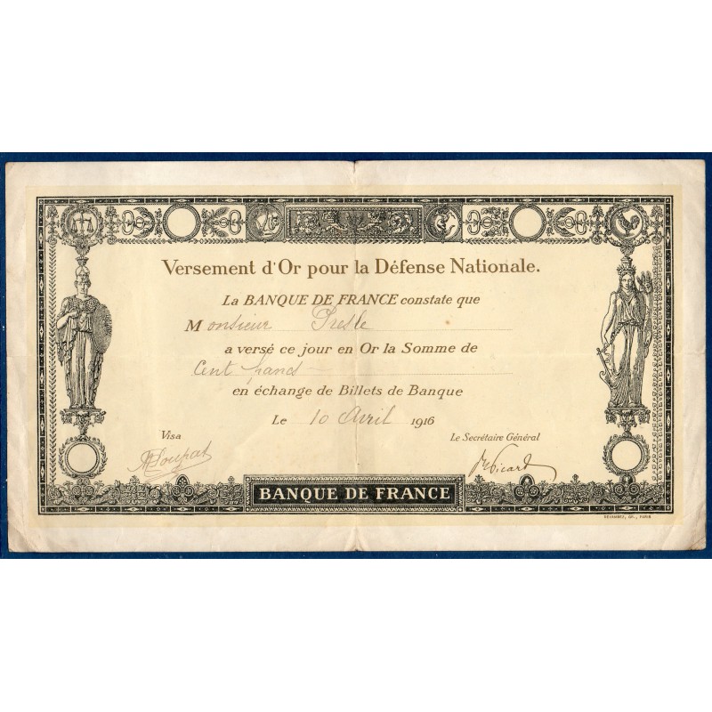 Bon de Versement d'or pour la défense nationale, 100 francs 10.4.1916