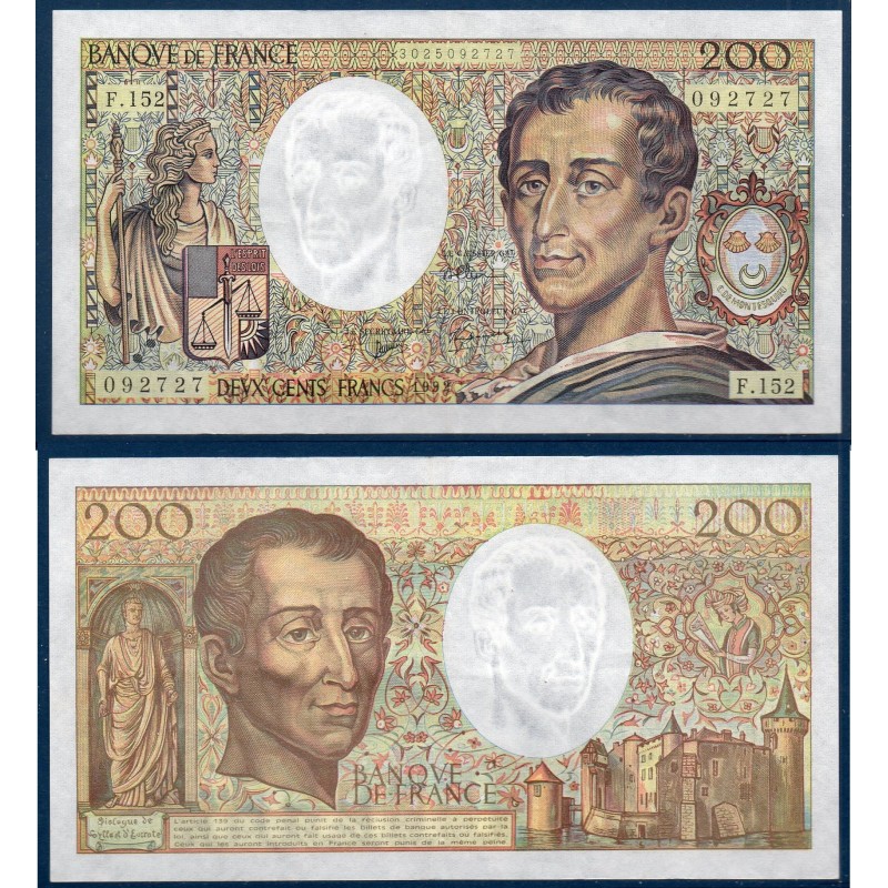 200 Francs Montesquieu TTB+ 1992 Billet de la banque de France