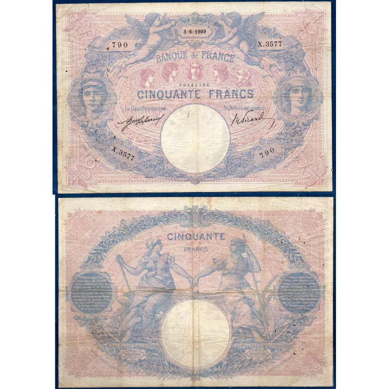 50 Francs Bleu et Rose B+ 3.6.1909 Billet de la banque de France