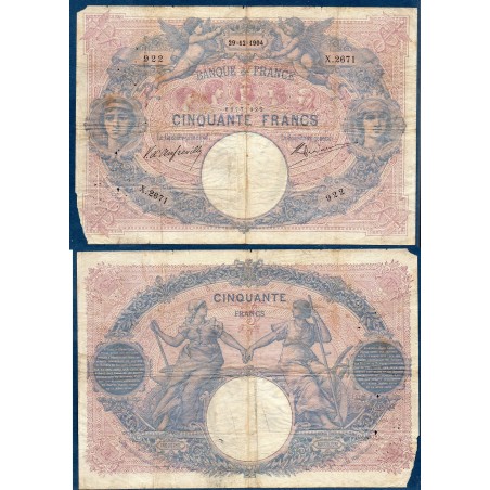 50 Francs Bleu et Rose AB 22.8.1908 Billet de la banque de France