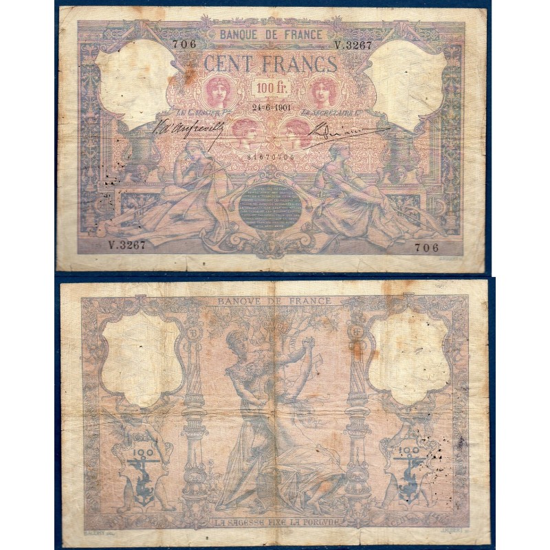 100 Francs Bleu et Rose B- 24.6.1901 Billet de la banque de France