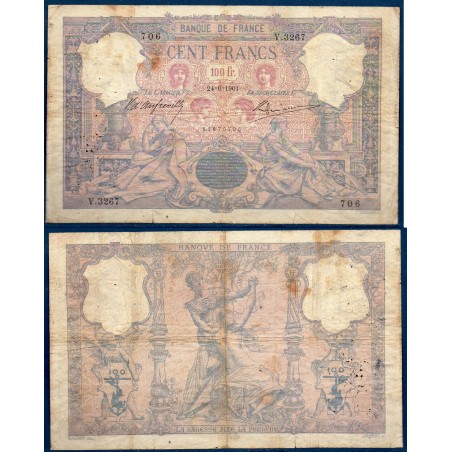 100 Francs Bleu et Rose B- 24.6.1901 Billet de la banque de France