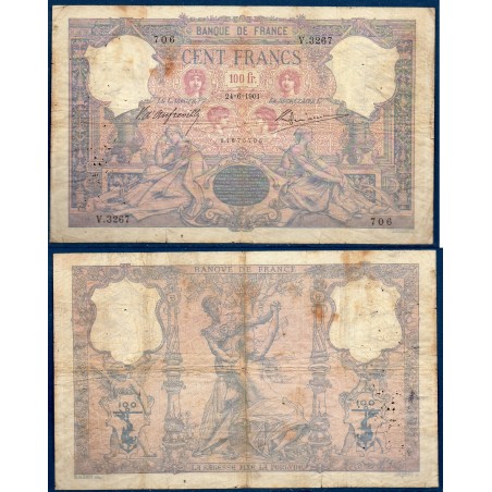 100 Francs Bleu et Rose B- 24.6.1901 Billet de la banque de France