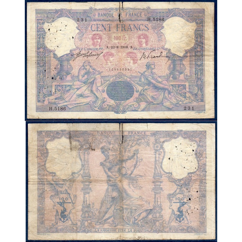 100 Francs Bleu et Rose B- 22.8.1908 Billet de la banque de France