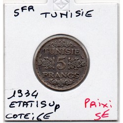 Tunisie, 5 francs 1934 - 1353 AH Sup-, Lec 306 pièce de monnaie