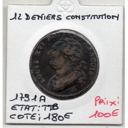 12 denier Constitution Louis XVI 1791 A Paris TTB,  Gad 15 France pièce de monnaie