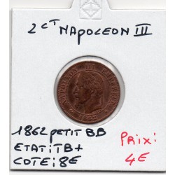 2 centimes Napoléon III tête laurée 1862 petit BB Strasbourg TB+, France pièce de monnaie