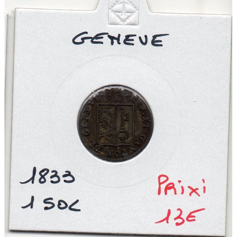 Suisse Canton Genève 1 Sol 1833 TTB+, KM 120 pièce de monnaie