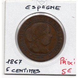 Espagne 5 centimos 1867 TB, KM 635 pièce de monnaie