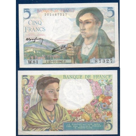 5 Francs Berger Spl 25.11.1943 Billet de la banque de France