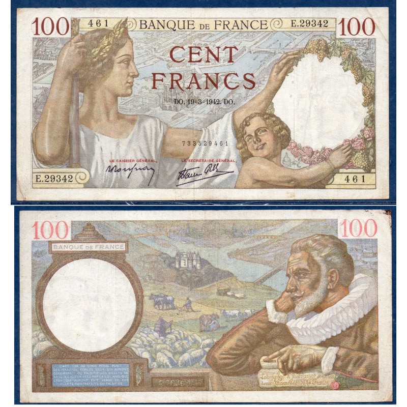 100 Francs Sully TTB- 19.3.1942 Billet de la banque de France