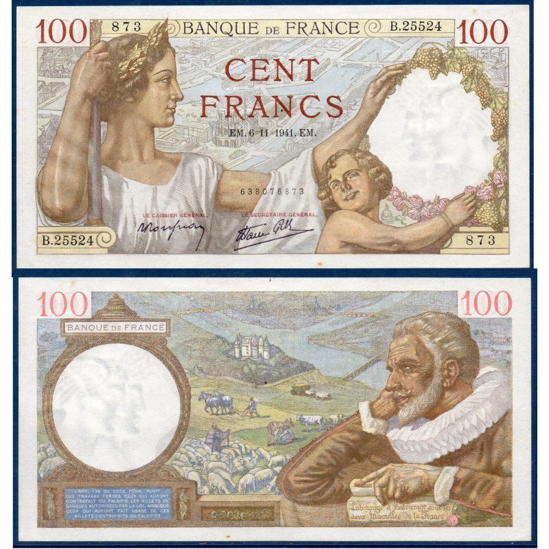 100 Francs Sully Sup- 6.11.1941 Billet de la banque de France