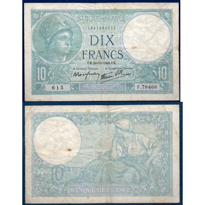 10 Francs Minerve TB 24.10.1940 Billet de la banque de France