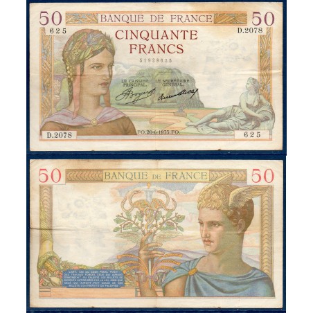 50 Francs Cérès TB- 20.6.1935 Billet de la banque de France