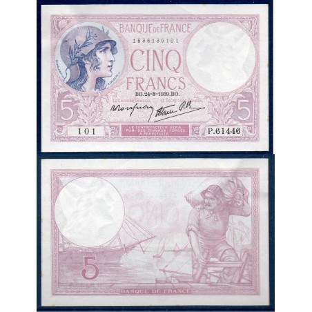 5 Francs Violet Sup 24.8.1939 Billet de la banque de France