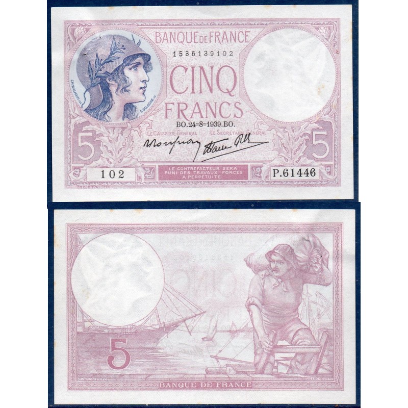 5 Francs Violet Sup 24.8.1939 Billet de la banque de France