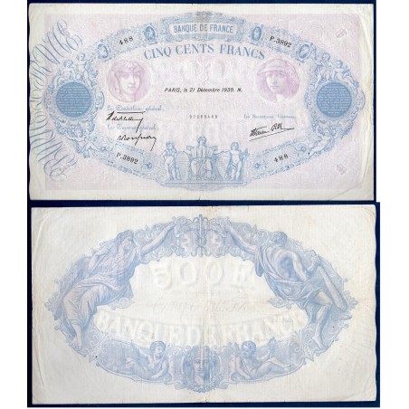 500 Francs Bleu et Rose TB+ 21.12.1939 Billet de la banque de France