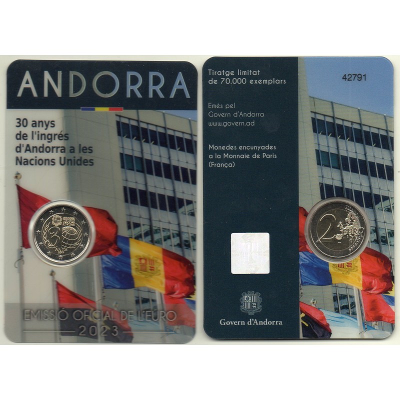 2 euro commémorative Andorre 2023 30e anniversaire de l'adhésion d'Andorre à l'ONU piece de monnaie €