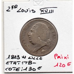 2 Francs Louis XVIII 1823 W Lille TB-, France pièce de monnaie