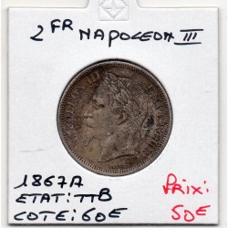 2 francs Napoléon III tête laurée 1867 A Paris TTB, France pièce de monnaie