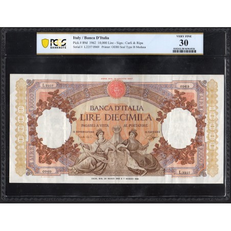 Italie Pick N°89d , TTB PCGS VF30 Billet de banque de 10000 Lire 7.8.1962